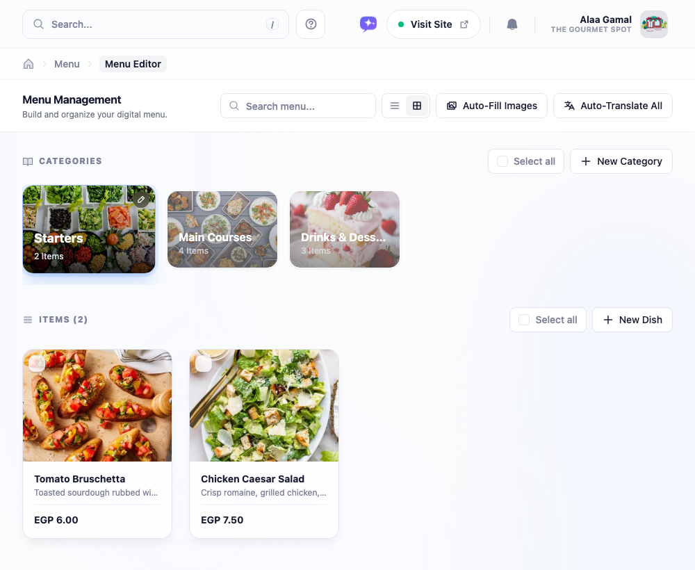 The resulting digital menu inside Lekro — categories and dishes the AI extracted from a printed menu, now structured with photos and prices, ready to publish behind a QR code.
