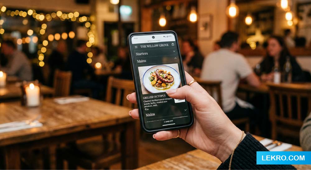 A customer effortlessly browsing a clean, fast-loading digital menu on their smartphone while sitting at a restaurant table
