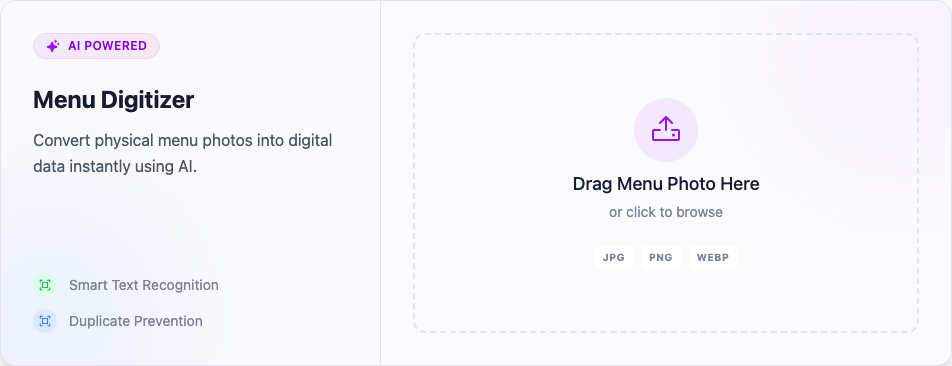 أداة Menu Digitizer من Lekro — لوحة رفع بتحوّل صورة أو PDF للمنيو المطبوع لمنيو ديجيتال قابل للتعديل، وبتقبل JPG وPNG وWEBP، مع تمييز ذكي للنصوص ومنع التكرار.