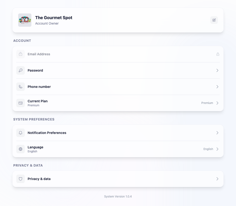 The Account Settings page: a profile card with the restaurant name and an edit button, an Account section listing Email, Password, Phone, and Subscription Plan, a Preferences section with Notifications and Language, and a Privacy & Data section.