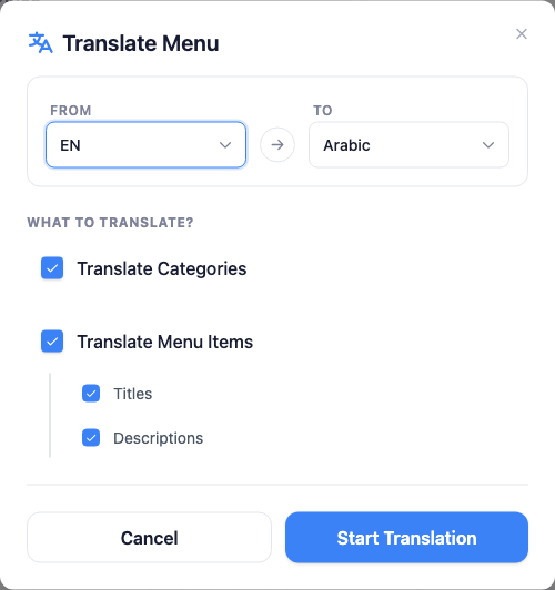 The Translate Menu dialog: a From / To language pair (English to Arabic) and checkboxes for Translate Categories and Translate Menu Items, with Titles and Descriptions sub-options, and a Start Translation button.
