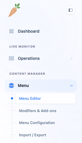 The dashboard's left navigation with the Menu group expanded and Menu Editor selected.