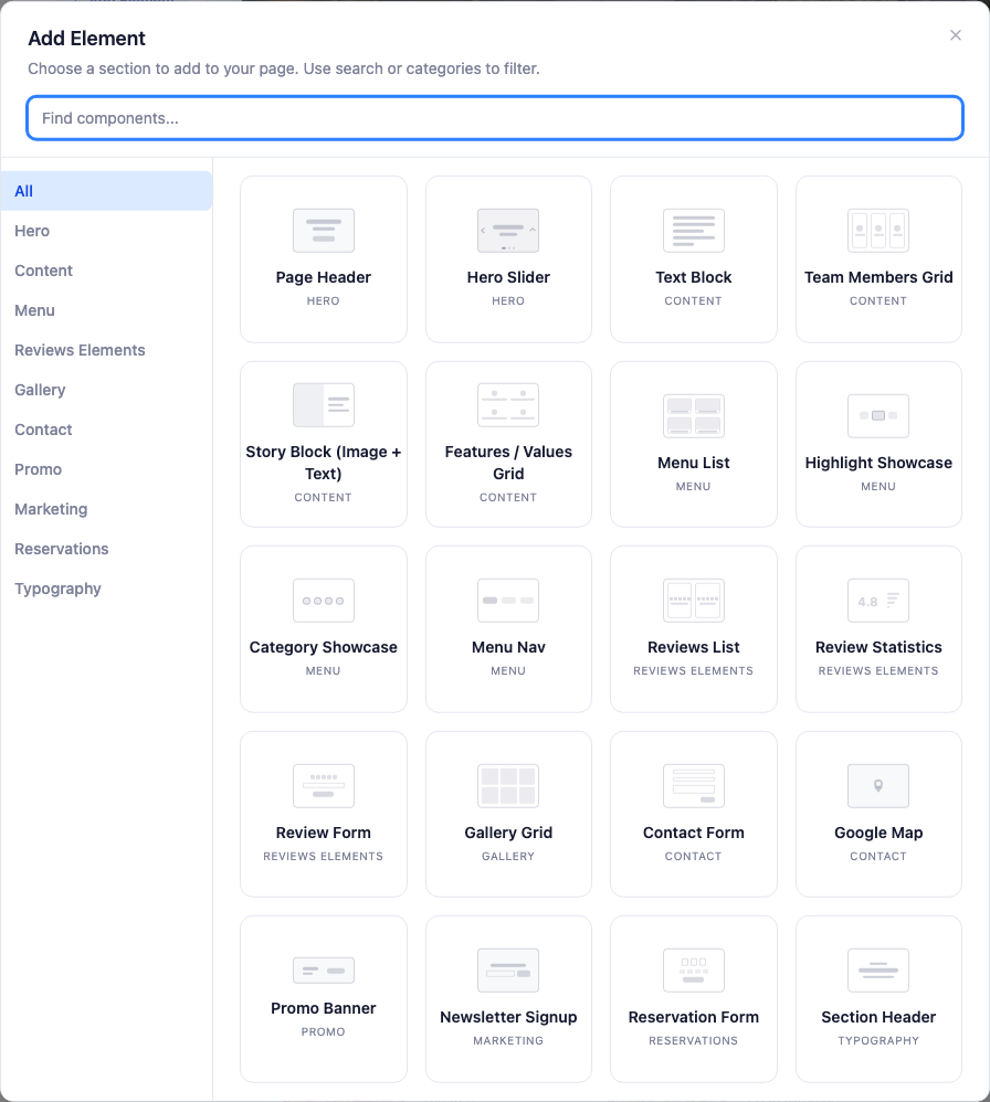 The Add element library: a search box, a left column of categories (All, Hero, Content, Menu, Reviews Elements, Gallery, Contact, Promo, Marketing, Reservations, Typography), and a grid of section thumbnails — Page Header, Hero Slider, Text Block, Menu List, Gallery Grid, Contact Form and more — each with a wireframe preview and name.