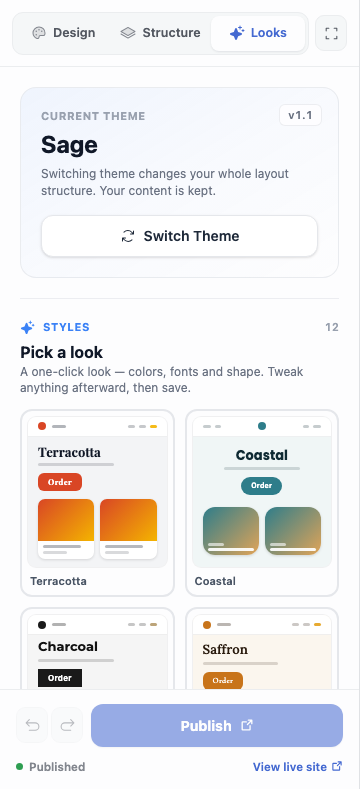 The Looks tab: a Current Theme card with a Switch Theme button, and a 'Pick a look' gallery of one-click styles like Terracotta, Coastal, Charcoal and Saffron.