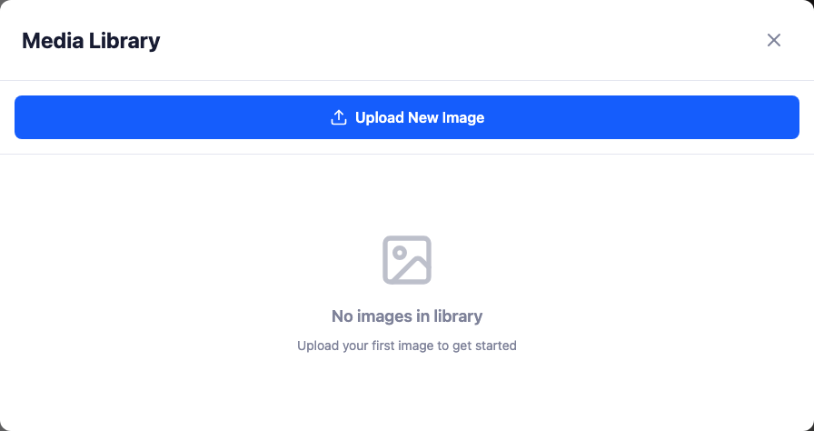 The Media Library window opened from a section's image field: an 'Upload New Image' button across the top, and an empty-state message reading 'No images in library — upload your first image to get started'.