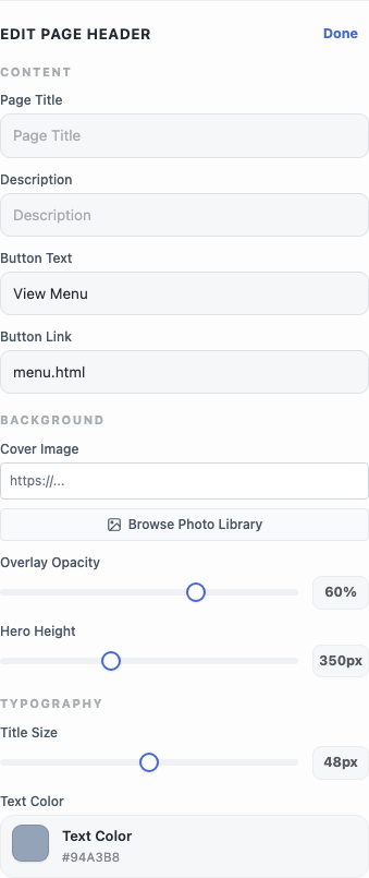 The editor for a Page Header section: text fields for Page Title, Description, Button Text and Button Link, a Cover Image field with a Browse Photo Library button, and sliders for Overlay Opacity, Hero Height and Title Size, plus a Text Color swatch.