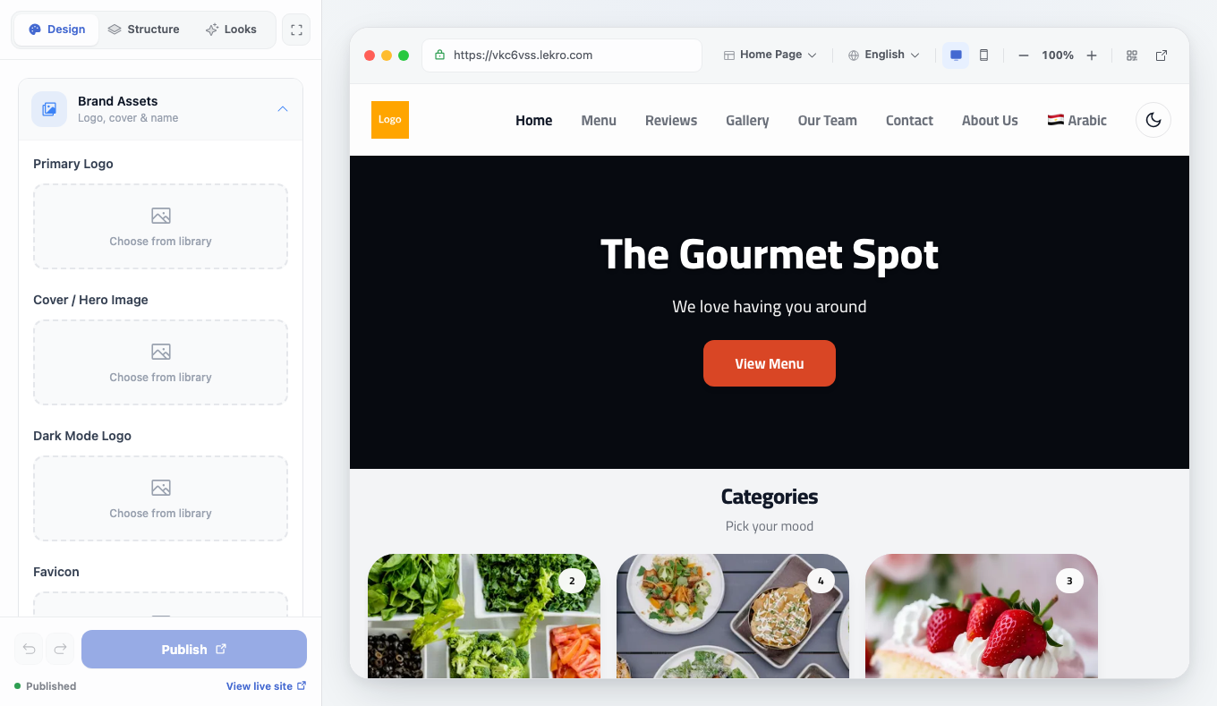 The Design Studio: Design, Structure and Looks tabs and a Brand Assets panel on the left, with a live browser preview of the restaurant's homepage on the right, and a Publish bar at the bottom.