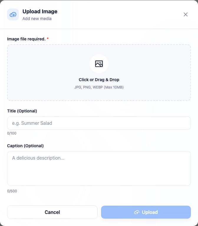 The Upload Image dialog: a click-or-drag-and-drop area, and optional Title and Caption fields, with a Upload button.