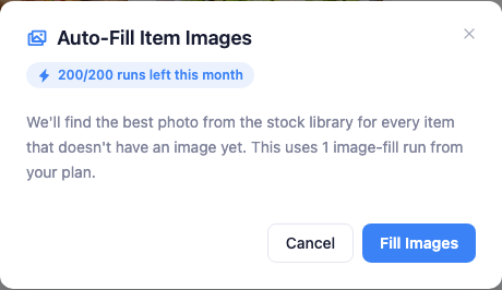 The Auto-Fill Images dialog showing a monthly usage chip, a short explanation, and a button to run the matching.