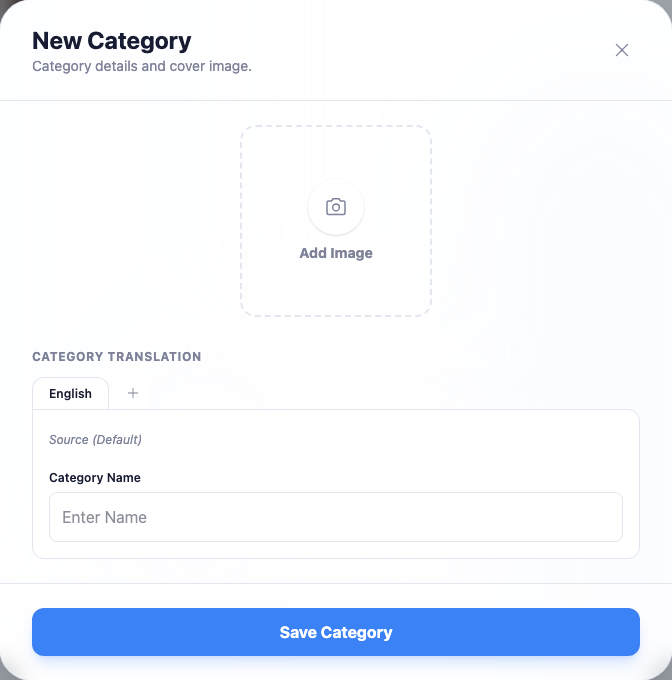 The New Category dialog with a cover-image upload area and the English category name field.