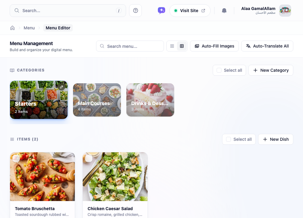 The Menu Management screen: a row of categories with cover photos at the top, item cards below, and a toolbar with search, view toggles, Auto-Fill Images and Auto-Translate All.