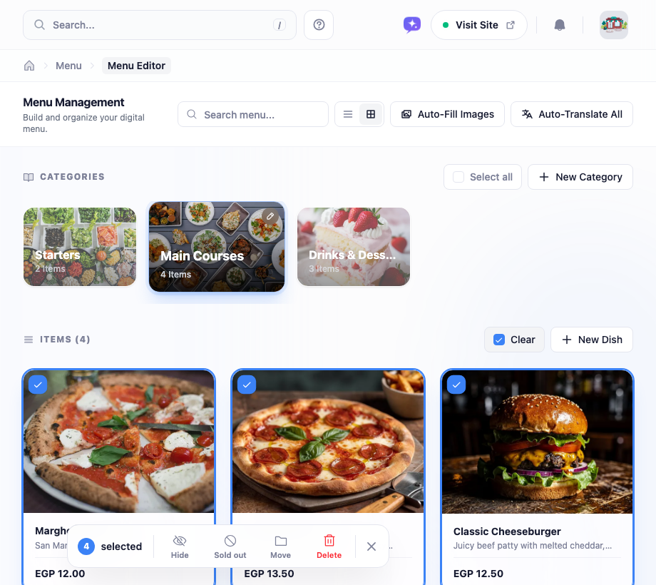 Several menu items selected at once, with a floating action bar at the bottom offering move and delete actions.