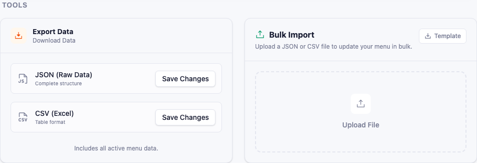 The Data Utilities section: an Export card with JSON and CSV download options on the left, and an Import card with a file upload area on the right.