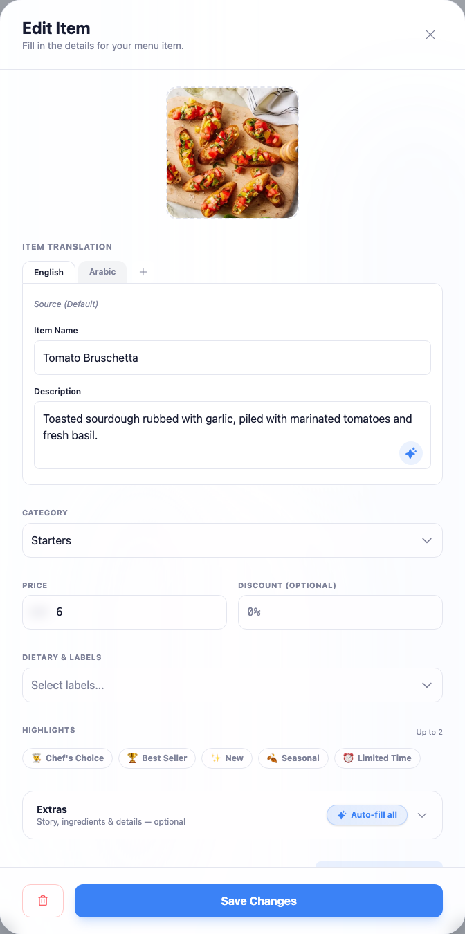 The item editor with the AI generate buttons next to the description and the extra detail fields for ingredients, story, origin, prep time, and calories.