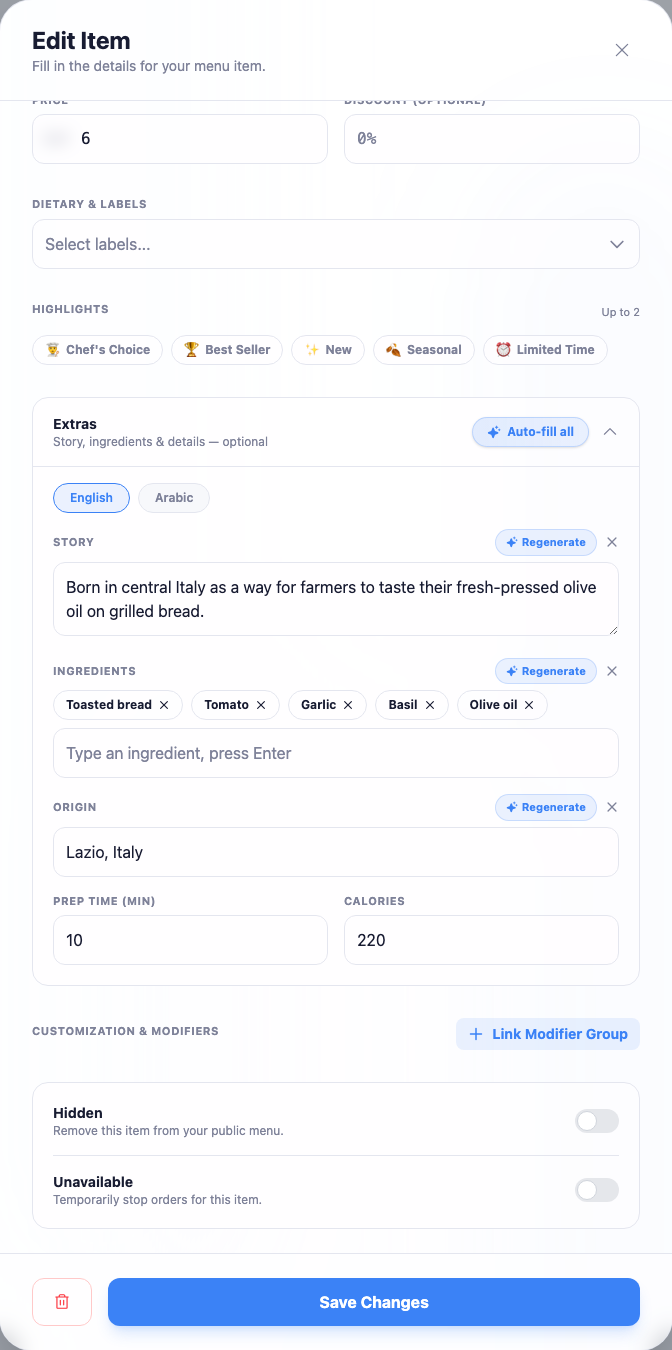 The expanded Extras section of the item editor, showing fields for story, ingredients, prep time, and calories, each with its own AI generate button.