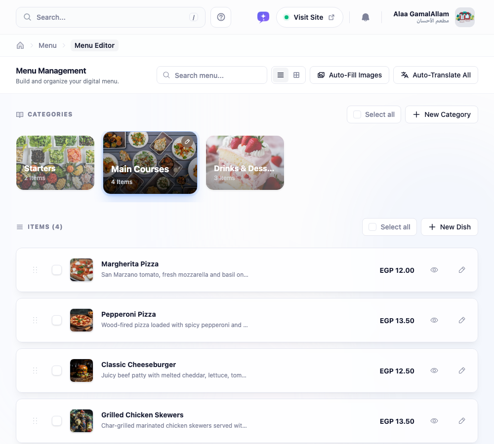 The items panel in list view: each dish is a compact row with a thumbnail, name, description, price and an edit button, ready to drag and reorder.