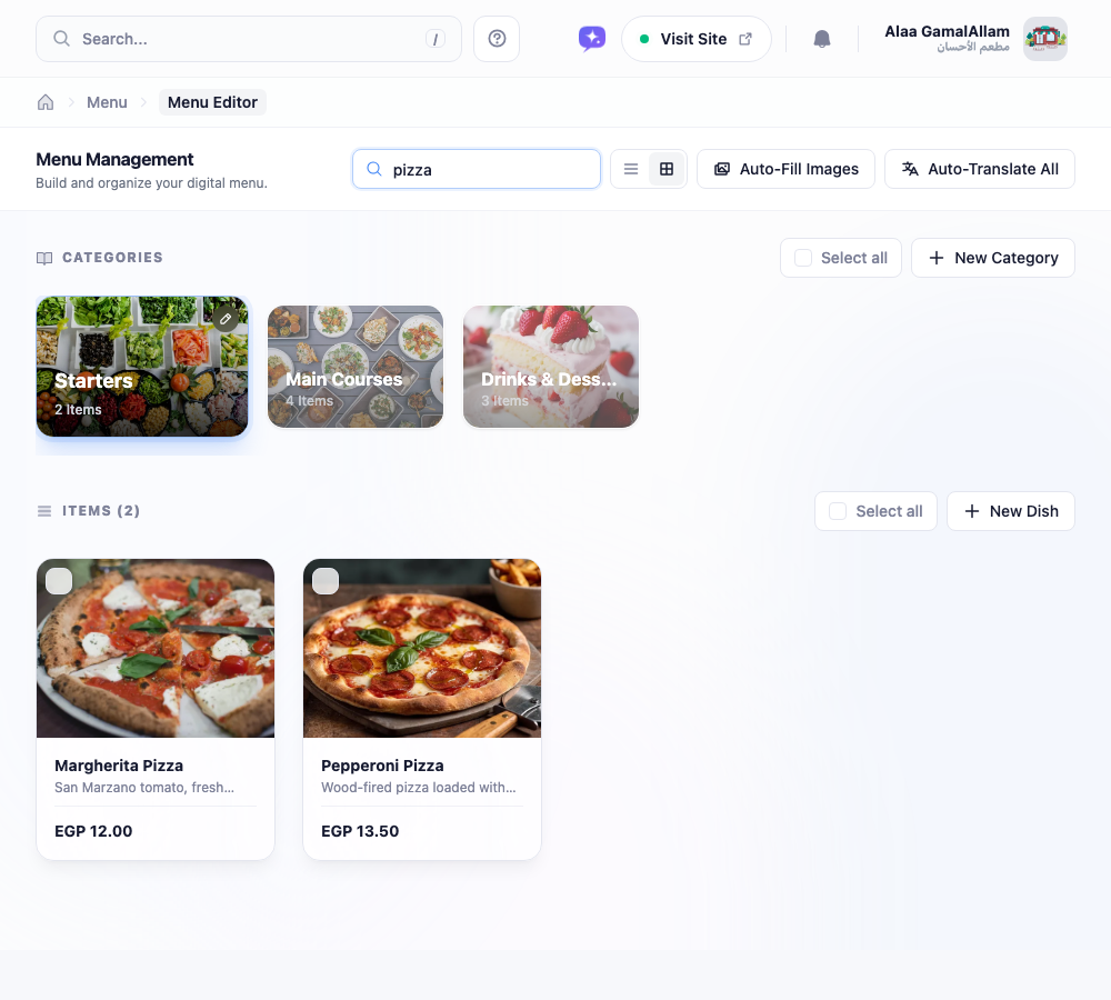The menu builder filtered by the search term pizza, showing only the matching pizza items.