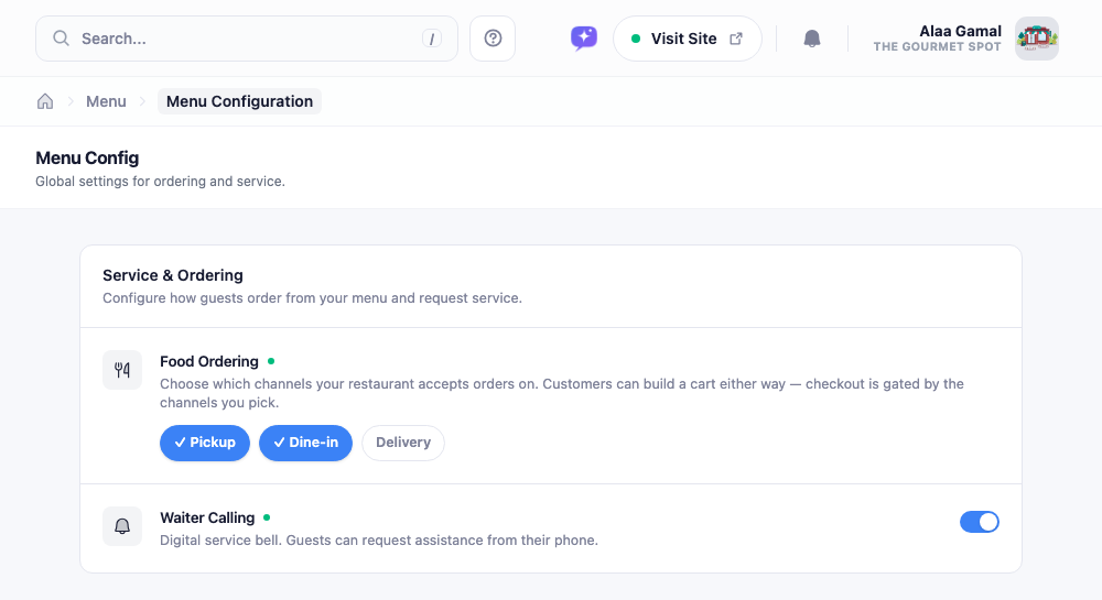 The Menu Configuration page: a Service section with Pickup, Dine-in, and Delivery toggle chips, and a Waiter Call switch below.