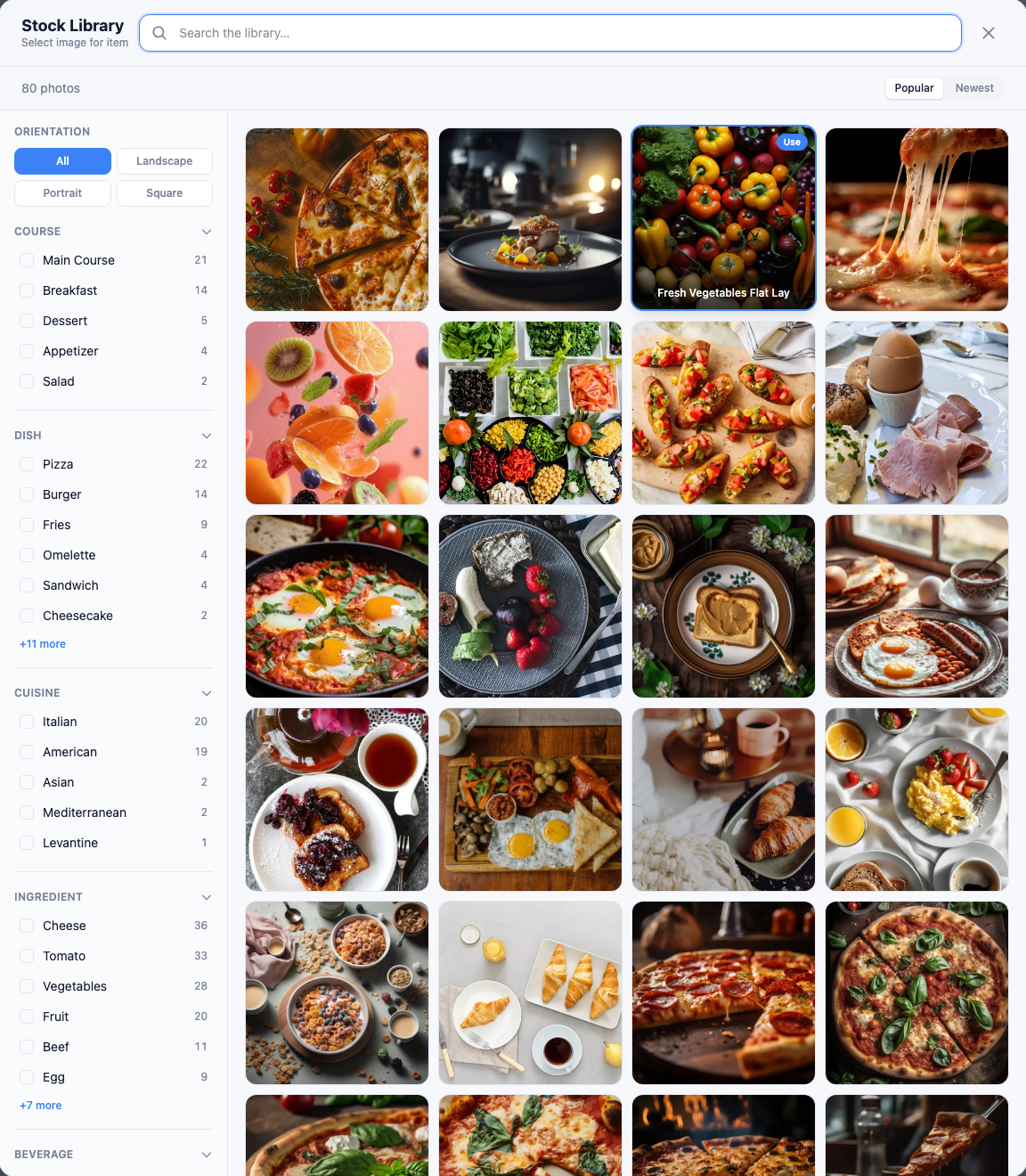 The Stock Library picker: a search bar at the top, a filter rail on the left with orientation and tag groups, and a grid of food photos.