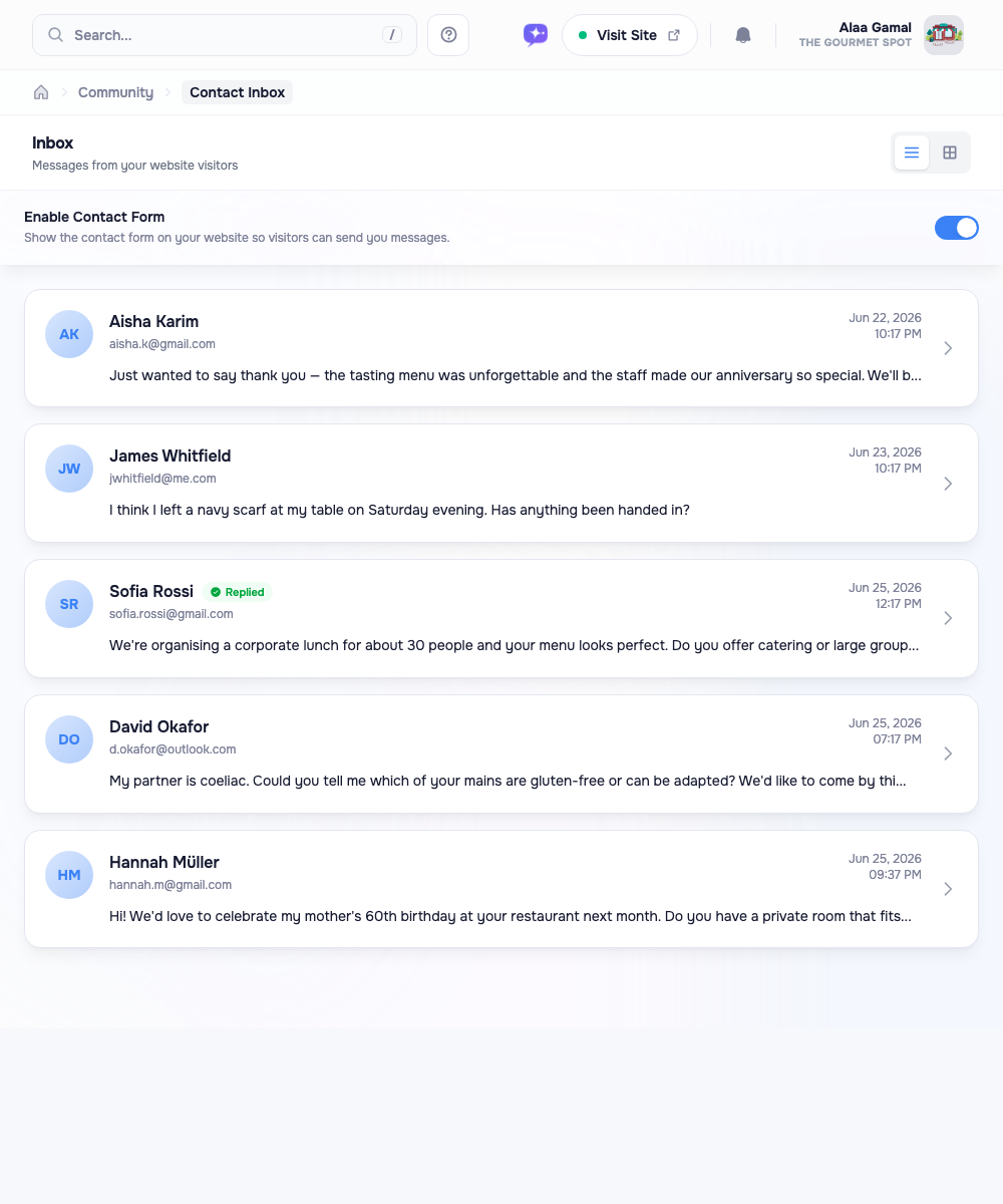 The Messages inbox: an Enable Contact Form toggle along the top, a list/grid view switch, and message cards showing each sender's name, email, a preview of the message, and the date. One card carries a green Replied badge.