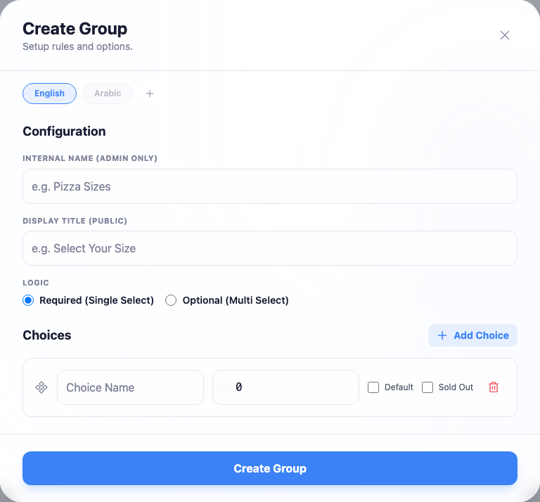 The Create Group editor: an Internal Name field, a Display Title field, a Logic toggle between Required (Single Select) and Optional (Multi Select), and a Choices list with a name, price and Default / Sold Out checkboxes.