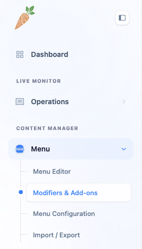 The dashboard's left navigation with the Menu group expanded and Modifiers & Add-ons selected.