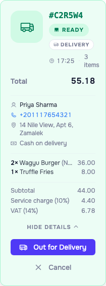 A single order card expanded: table number, order code, a Preparing status badge, a dine-in channel tag, the items with quantities and modifiers, the price breakdown, and Mark Ready plus Cancel buttons.