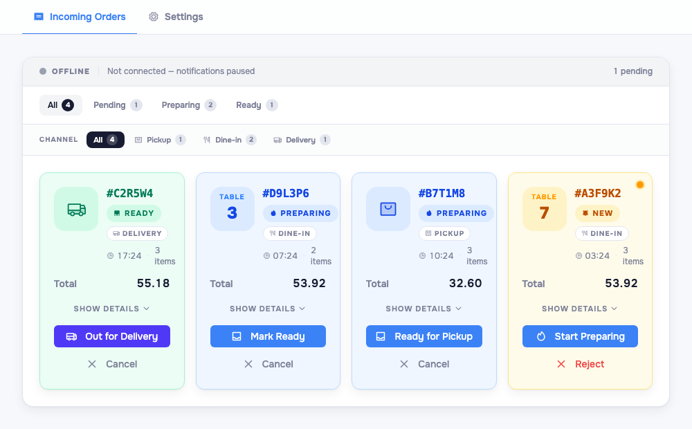 The Incoming Orders page: an Incoming Orders / Settings tab bar, a live-status banner, filter tabs (All, Pending, Preparing, Ready) with counts, a channel filter (Pickup, Dine-in, Delivery), and order cards each showing a code, status badge, channel, total, elapsed timer, and action buttons.