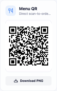 A single QR card for the Menu page, showing the page name, a short description, the QR code itself, and a Download PNG button.