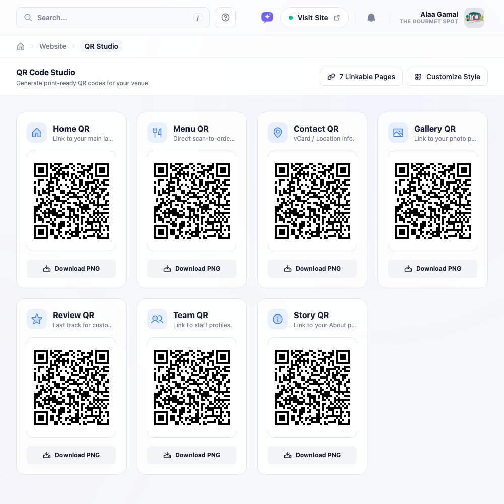 The QR Code Studio: a grid of ready-made QR cards — Home, Menu, Contact, Gallery, Review, Team and Story — each with a Download PNG button, plus Linkable Pages and Customize Style buttons in the header.