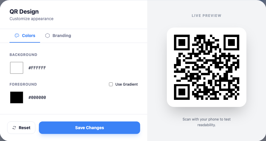The QR Design panel: Colors and Branding tabs, background and foreground color pickers with a Use Gradient option, a live preview of the code, and Reset and Save Changes buttons.