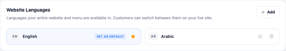 The Website Languages card in Regional settings: English marked Set as Default with a star, Arabic alongside it, and an Add button to add more languages.