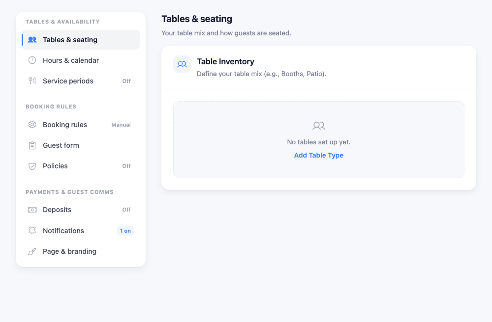 The reservation settings screen: a left nav rail grouped into Tables & availability (Tables, Hours, Service periods), Booking rules (Rules, Guest form, Policies), and Payments & guest comms (Deposits, Notifications, Branding), with the Tables panel open on the right.