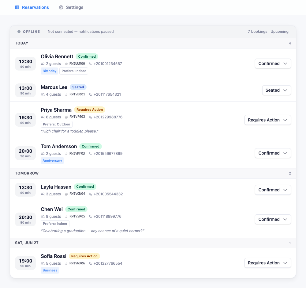The Reservations board: a Reservations / Settings tab bar, a live-status banner with a booking count, and bookings grouped under Today and Tomorrow — each row showing the time, guest name, a status badge, party size, booking reference, phone, and a status dropdown.