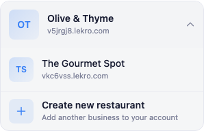 The expanded restaurant switcher showing the active restaurant, another owned restaurant, and a Create new restaurant button at the bottom.