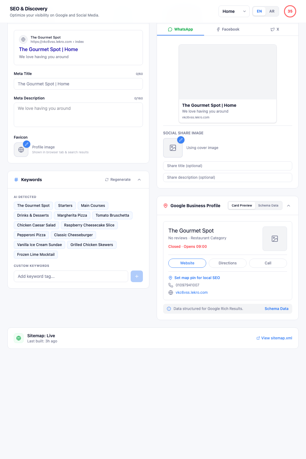 The SEO & Discovery page: a page and language selector with a completeness score, a Search Appearance card with a Google preview, a Keywords card with AI-detected tags, a Social Preview card with WhatsApp/Facebook/X tabs, a Google Business Profile knowledge panel, and a Sitemap status row.
