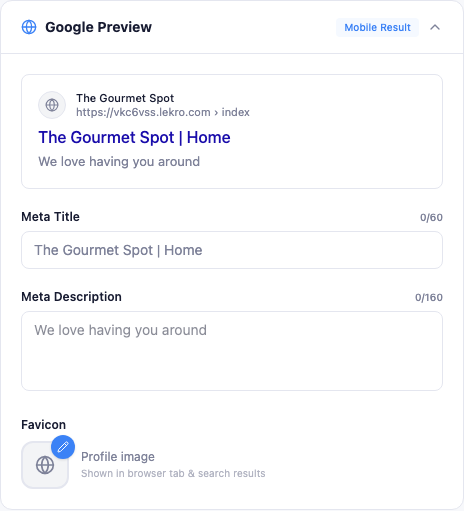 The Search Appearance card: a Google result preview with the restaurant name, URL, blue title, and description, then a Meta Title field (with a 0/60 counter), a Meta Description field (0/160), and a favicon picker.