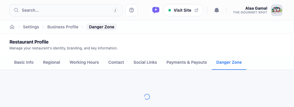 The Danger Zone tab with a red 'Delete this restaurant' card and a Schedule deletion button.