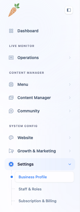 The dashboard's left navigation with the Settings group expanded and Business Profile selected.