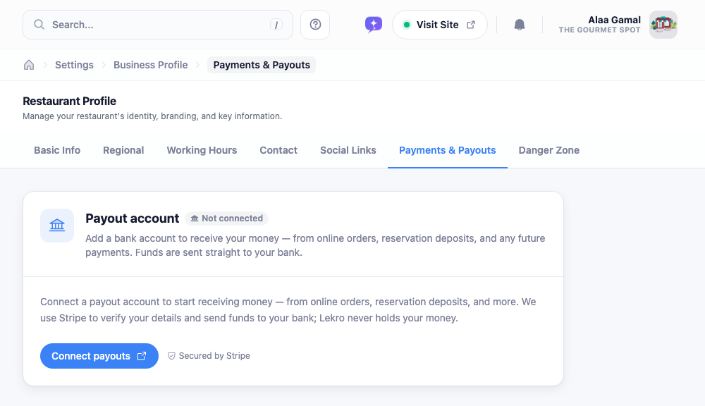 The Payments tab showing a Stripe Connect card with a 'Not connected' status and a button to start onboarding.
