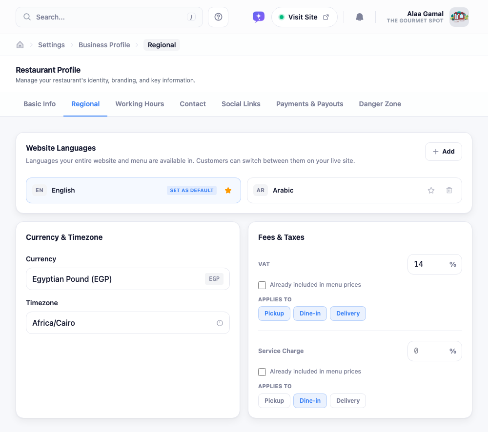 The Regional tab: a Languages card listing each language with a default star, a Localization card with currency and timezone, and a Fees & Taxes card with VAT and service charge.