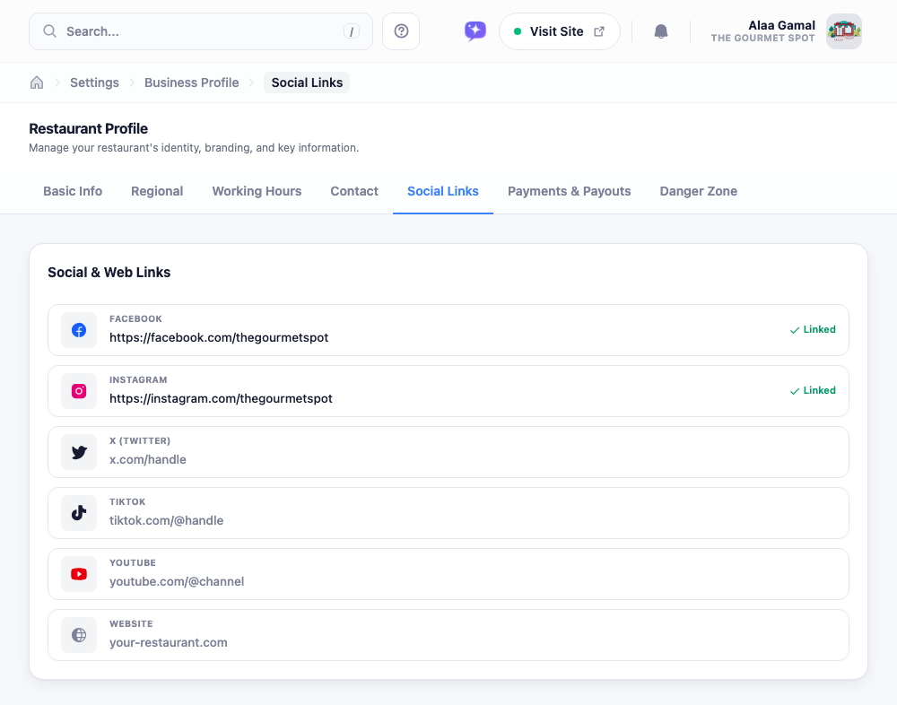 The Social tab: a row for each platform (Facebook, Instagram, X, TikTok, YouTube, Website) with an input field and a Linked badge on filled ones.