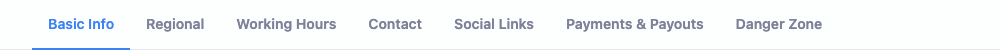 The Business Profile tab bar: Basic Info, Regional, Working Hours, Contact, Social, Payments, and Danger Zone.