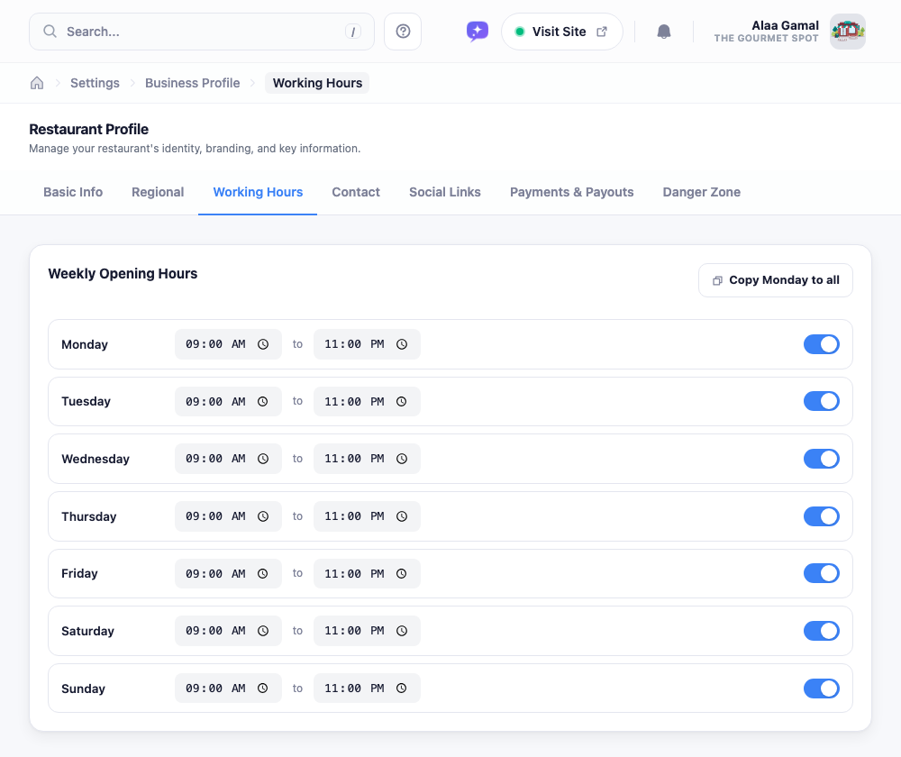 The Working Hours tab: a row for each day of the week with open and close time fields and a toggle, plus a Copy Monday to all button.