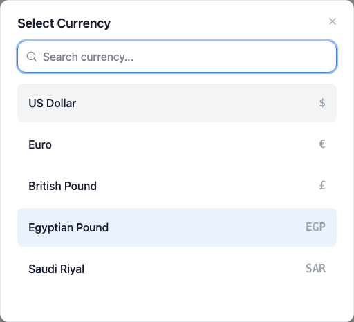 The currency picker dialog with a search box and a list of currencies; Egyptian Pound is highlighted as selected.