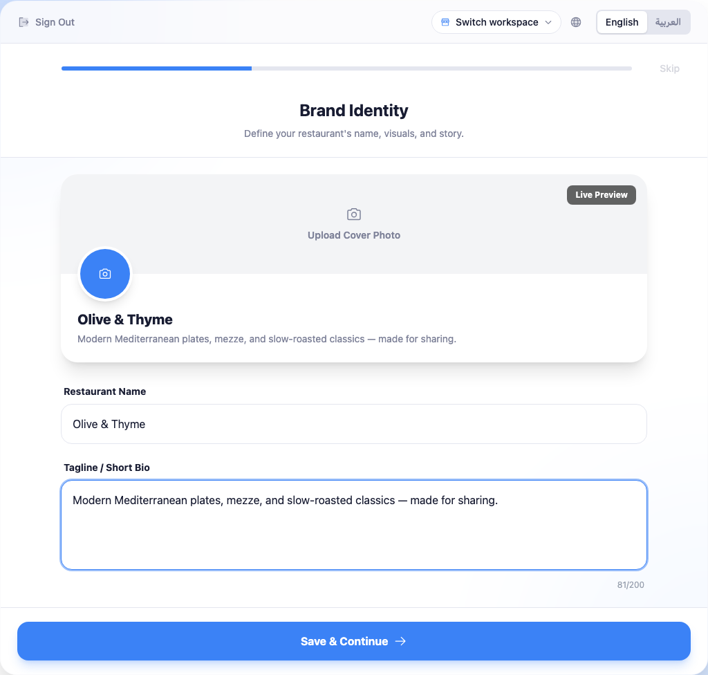 The Brand Identity step: a live-preview card with cover-photo and logo upload areas, above fields for the restaurant name and a short tagline.