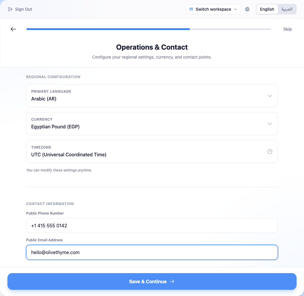 The Operations & Contact step: pickers for primary language, currency, and timezone under Regional Configuration, then public phone and email fields under Contact Information.