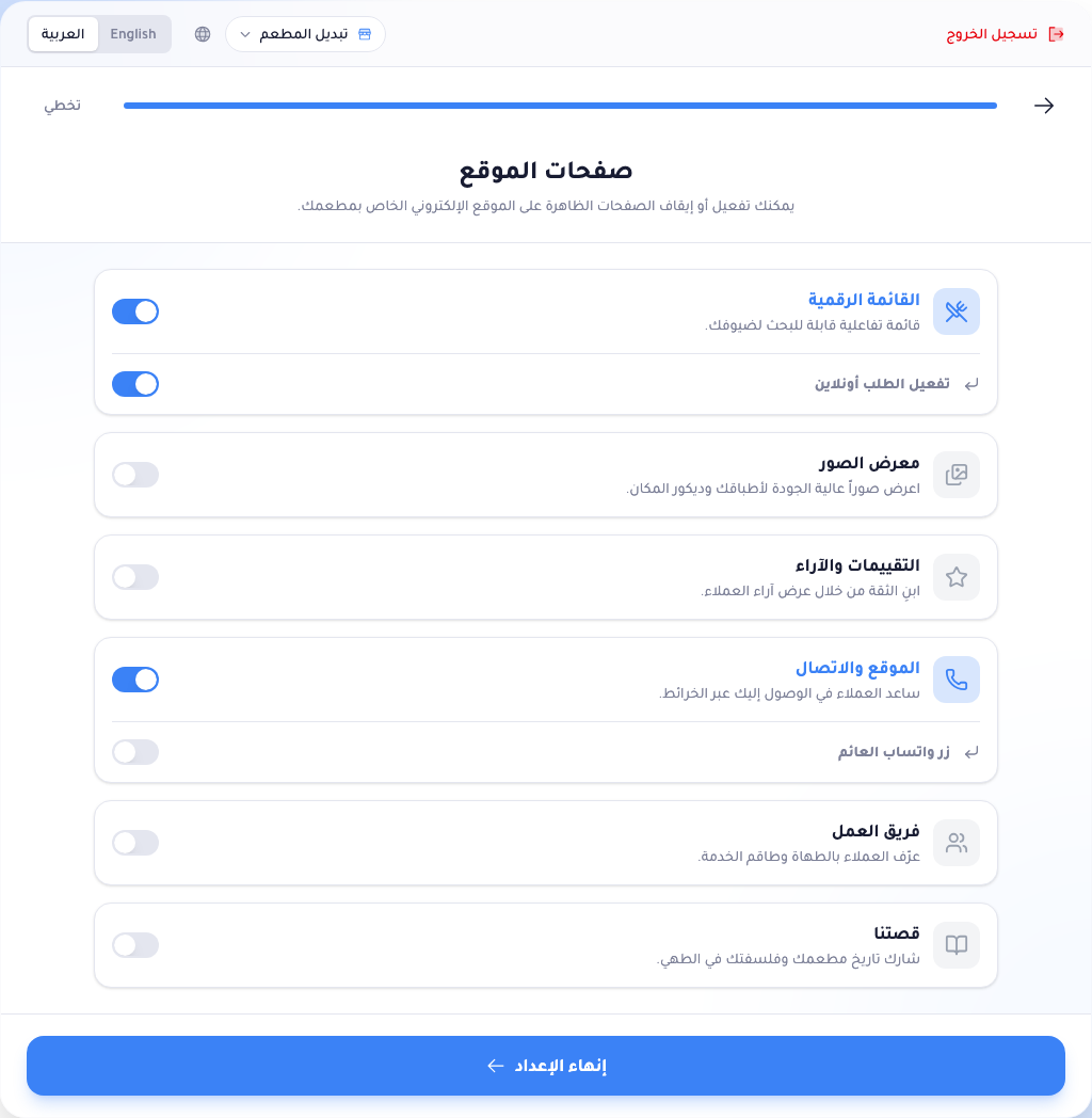 خطوة صفحات الموقع: مفاتيح للقائمة الرقمية (مع تفعيل الطلب أونلاين) ومعرض الصور والتقييمات والآراء والموقع والاتصال (مع زر واتساب) وفريق العمل وقصتنا.