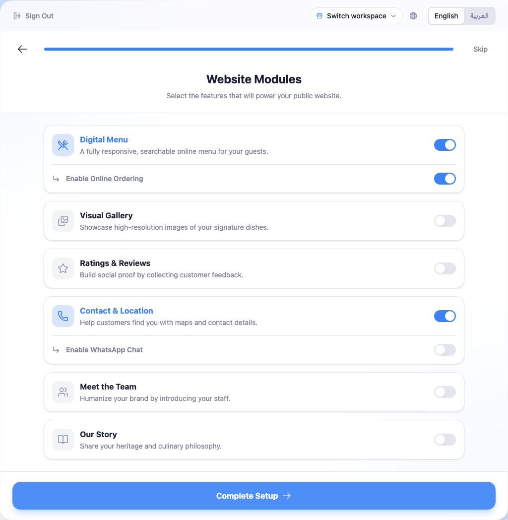 The Website Modules step: toggles for Digital Menu (with Enable Online Ordering), Visual Gallery, Ratings & Reviews, Contact & Location (with Enable WhatsApp Chat), Meet the Team, and Our Story.