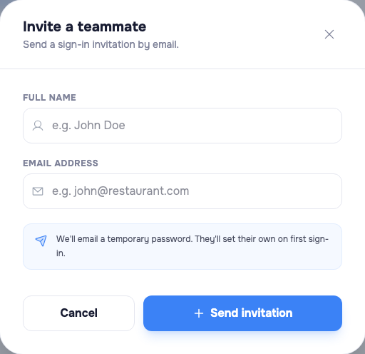 The invite dialog: a full-name field and an email field, with a note explaining that a temporary password will be emailed and the teammate sets their own on first sign-in.